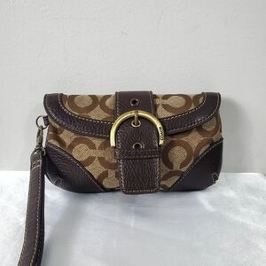 Coach Brown Signature Canvas Wristlet with Dark Brown Leather Trim